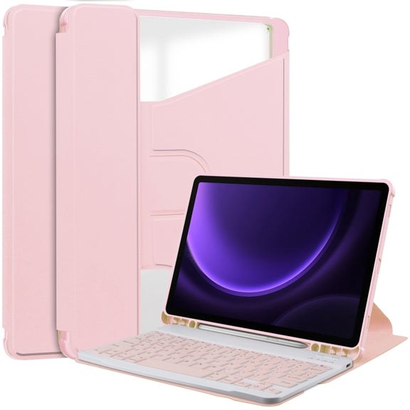 For Samsung Galaxy Tab S9 FE 360 Rotation Transparent Smart Leather Case with Keyboard(Pink)