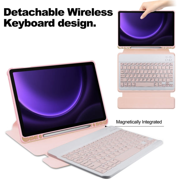 For Samsung Galaxy Tab S9 FE 360 Rotation Transparent Smart Leather Case with Keyboard(Pink)