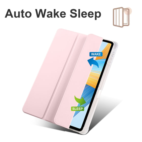 For Honor Pad V8 Pro 3-folding Transparent TPU Smart Leather Tablet Case(Ice Pink)