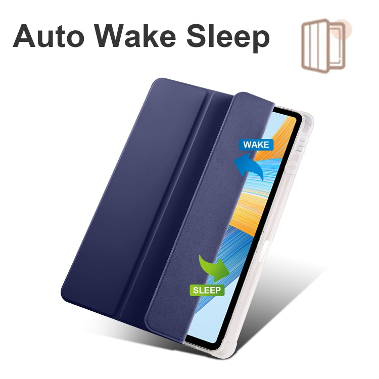 For Honor Pad V8 Pro 3-folding Transparent TPU Smart Leather Tablet Case(Dark Blue)