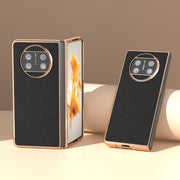 For Huawei Mate X3 Electroplating Genuine Leather + PC Litchi Texture Phone Case(Black)