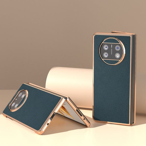 For Huawei Mate X3 Electroplating Genuine Leather + PC Litchi Texture Phone Case(Green)