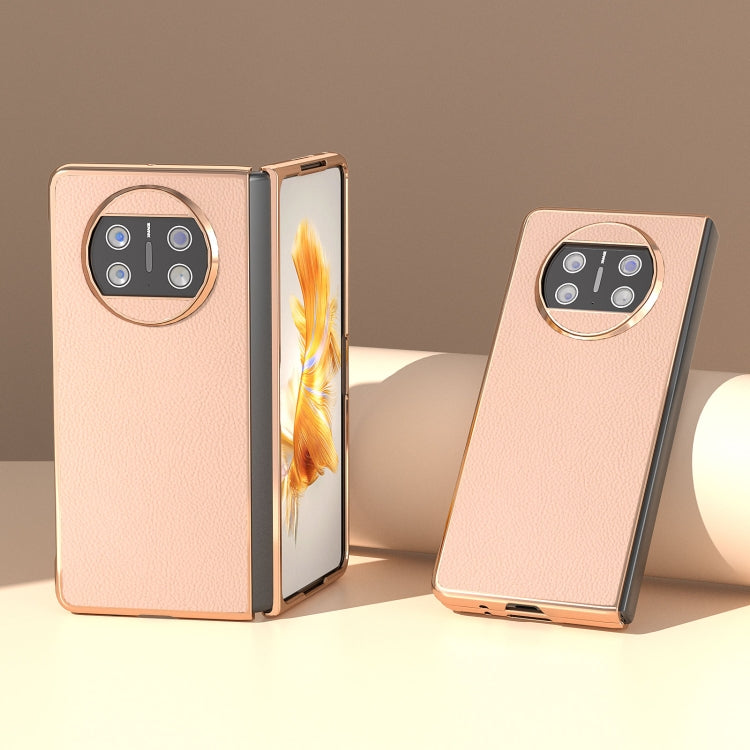 For Huawei Mate X3 Electroplating Genuine Leather + PC Litchi Texture Phone Case(Pink Gold)