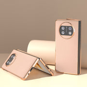 For Huawei Mate X3 Electroplating Genuine Leather + PC Litchi Texture Phone Case(Pink Gold)