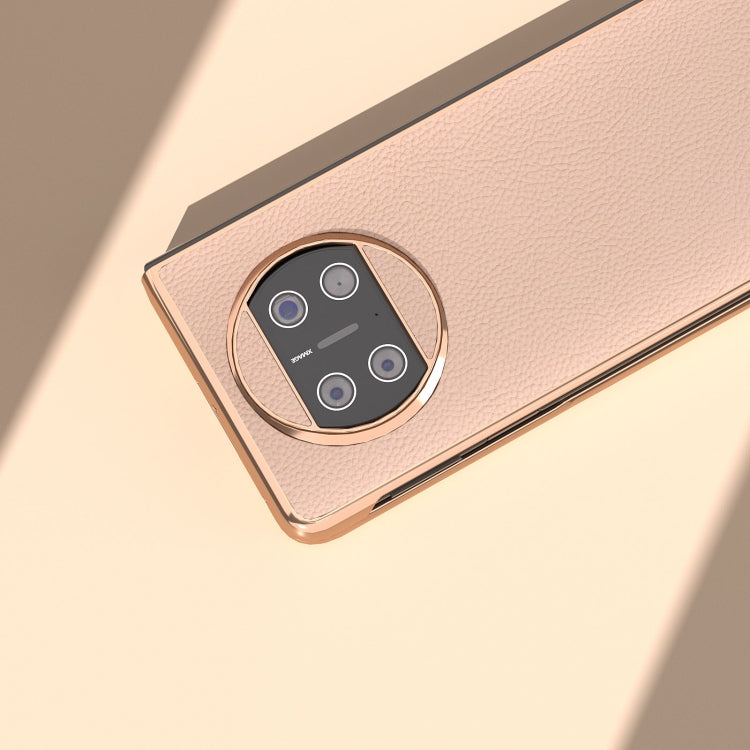 For Huawei Mate X3 Electroplating Genuine Leather + PC Litchi Texture Phone Case(Pink Gold)