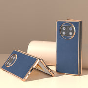 For Huawei Mate X3 Electroplating Genuine Leather + PC Litchi Texture Phone Case(Blue)