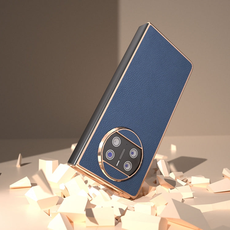 For Huawei Mate X3 Electroplating Genuine Leather + PC Litchi Texture Phone Case(Blue)