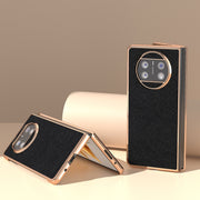 For Huawei Mate X3 Electroplating Cross Texture Genuine Leather Phone Case(Black)