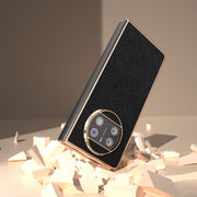 For Huawei Mate X3 Electroplating Cross Texture Genuine Leather Phone Case(Black)