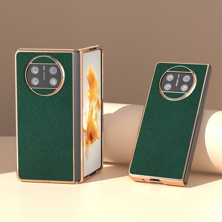 For Huawei Mate X3 Electroplating Cross Texture Genuine Leather Phone Case(Green)