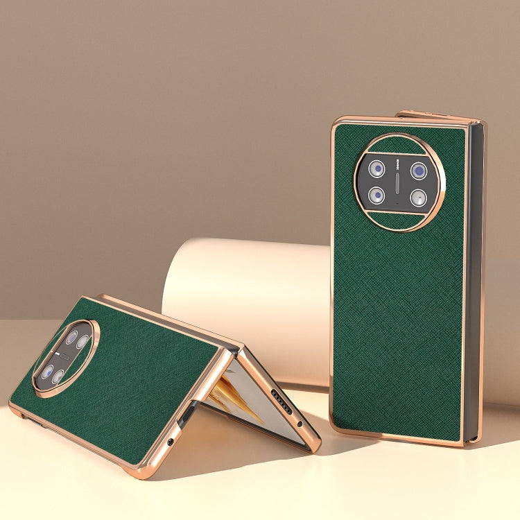 For Huawei Mate X3 Electroplating Cross Texture Genuine Leather Phone Case(Green)