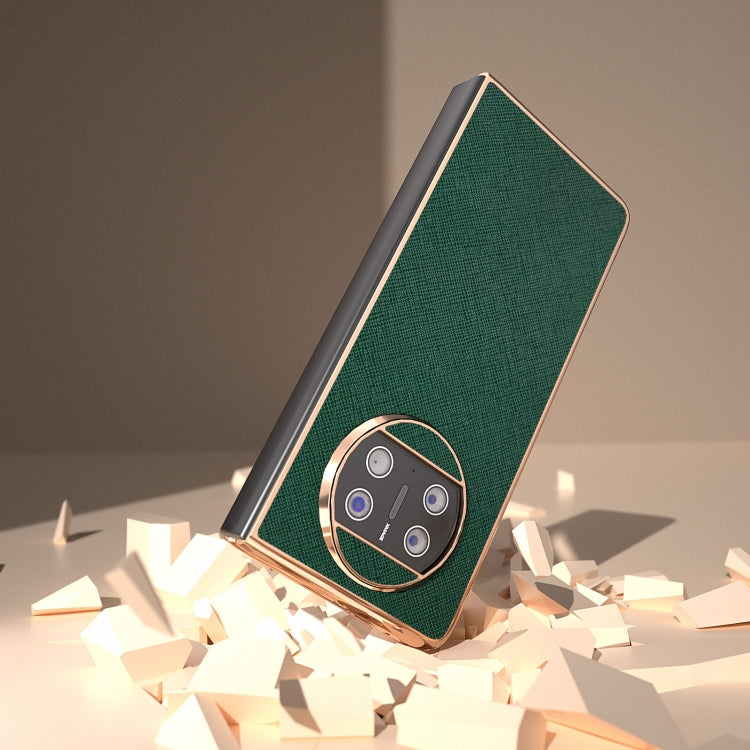 For Huawei Mate X3 Electroplating Cross Texture Genuine Leather Phone Case(Green)