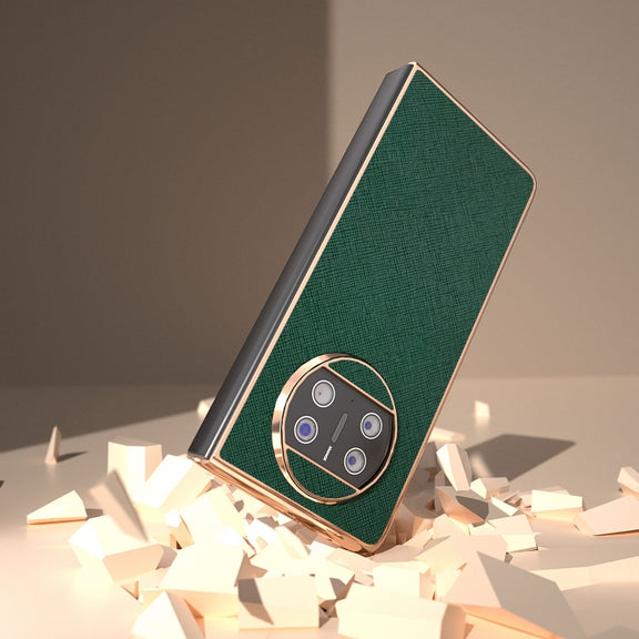 For Huawei Mate X3 Electroplating Cross Texture Genuine Leather Phone Case(Green)