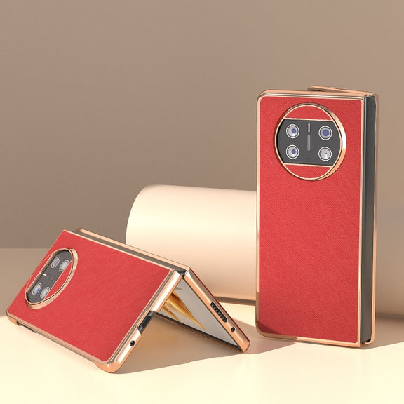 For Huawei Mate X3 Electroplating Cross Texture Genuine Leather Phone Case(Red)