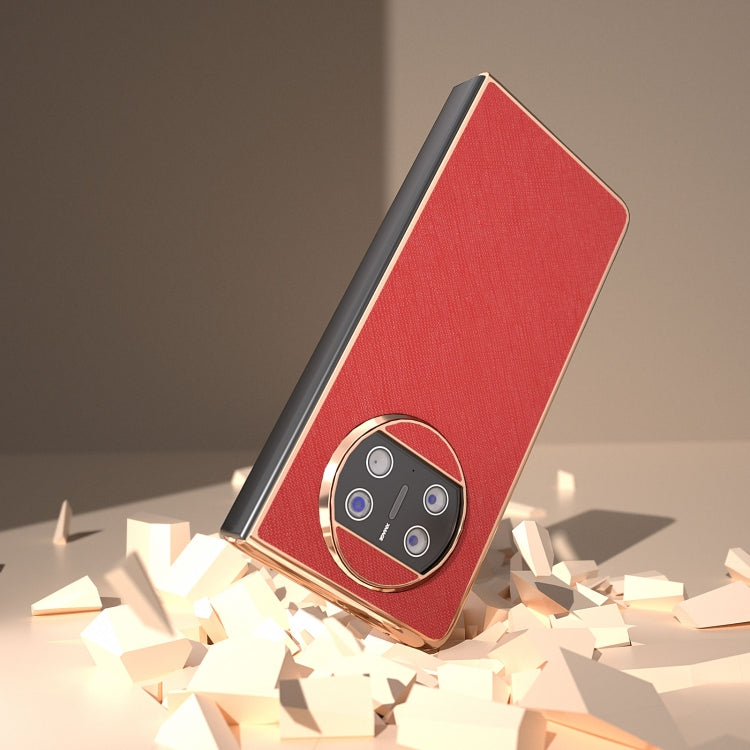 For Huawei Mate X3 Electroplating Cross Texture Genuine Leather Phone Case(Red)