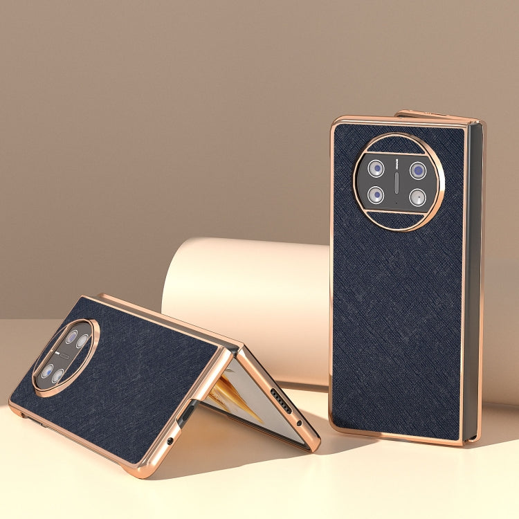 For Huawei Mate X3 Electroplating Cross Texture Genuine Leather Phone Case(Blue)