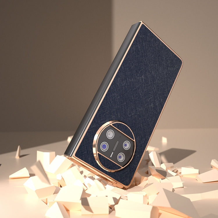 For Huawei Mate X3 Electroplating Cross Texture Genuine Leather Phone Case(Blue)