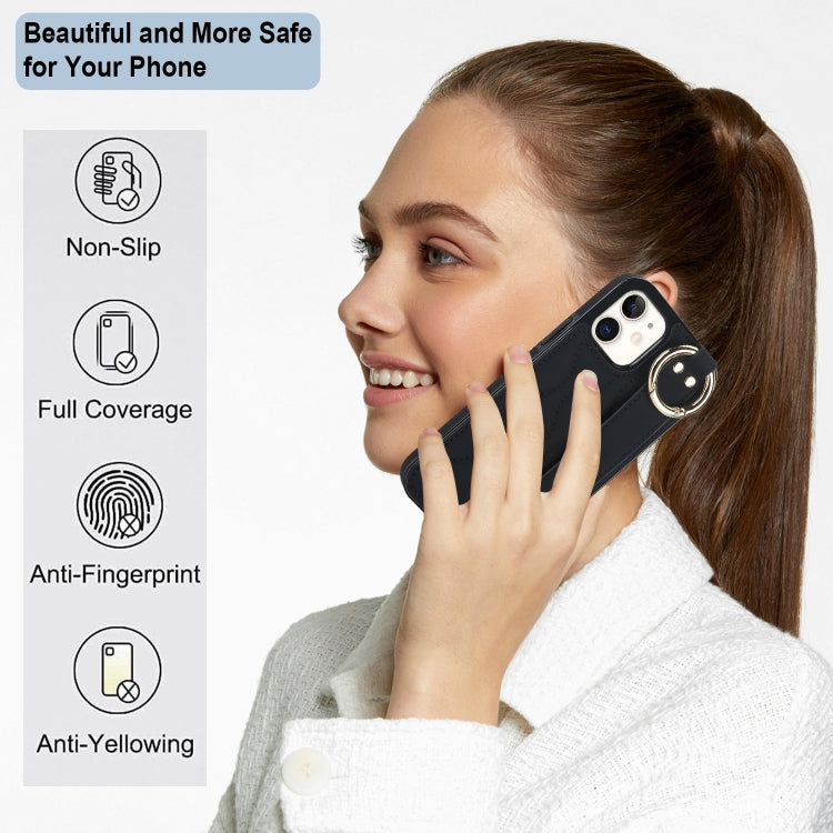 For iPhone 12 mini Non-slip Full Coverage Ring PU Phone Case with Wristband(Black)