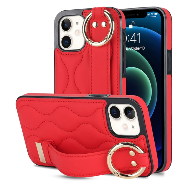 For iPhone 12 mini Non-slip Full Coverage Ring PU Phone Case with Wristband(Red)