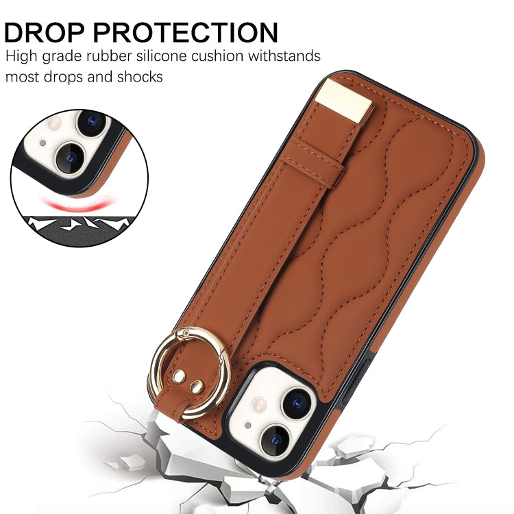 For iPhone 12 mini Non-slip Full Coverage Ring PU Phone Case with Wristband(Brown)