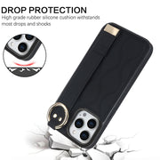 For iPhone 14 Pro Non-slip Full Coverage Ring PU Phone Case with Wristband(Black)