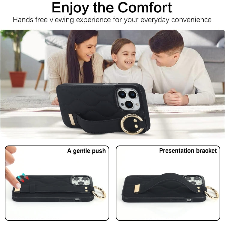 For iPhone 14 Pro Non-slip Full Coverage Ring PU Phone Case with Wristband(Black)