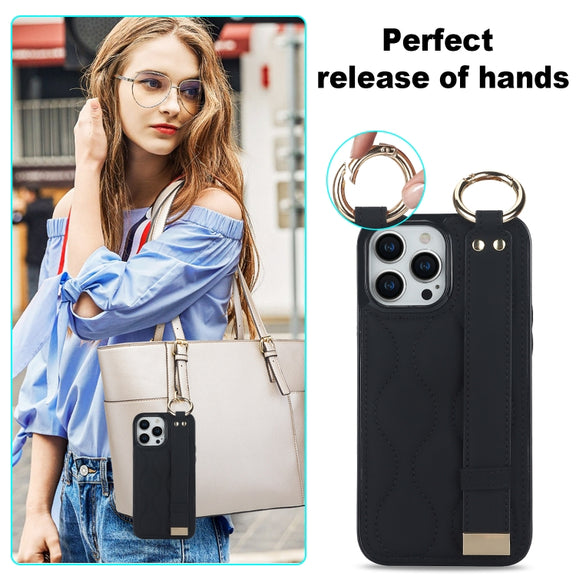 For iPhone 14 Pro Non-slip Full Coverage Ring PU Phone Case with Wristband(Black)
