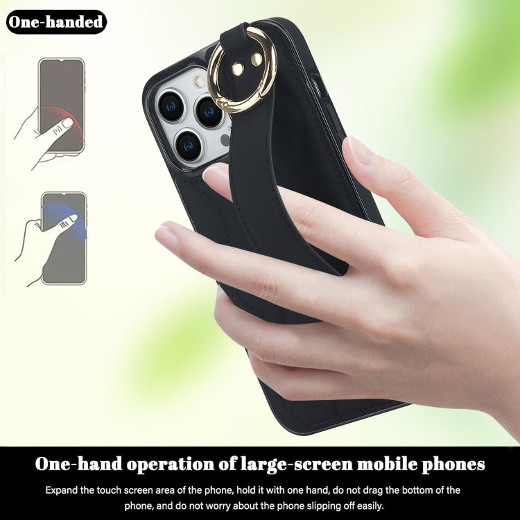 For iPhone 14 Pro Non-slip Full Coverage Ring PU Phone Case with Wristband(Black)