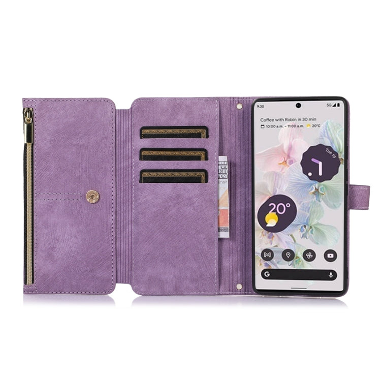 For Google Pixel 7a Dream 9-Card Wallet Zipper Bag Leather Phone Case(Purple)