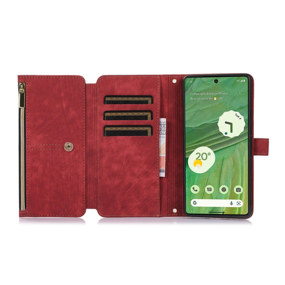 For Google Pixel 7 Dream 9-Card Wallet Zipper Bag Leather Phone Case(Red)