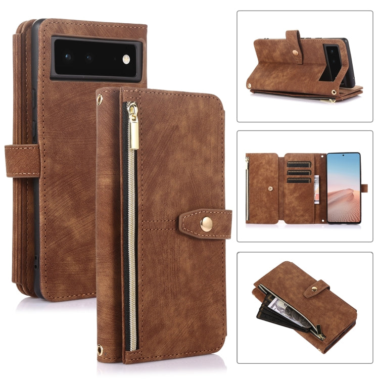 For Google Pixel 6 Dream 9-Card Wallet Zipper Bag Leather Phone Case(Brown)
