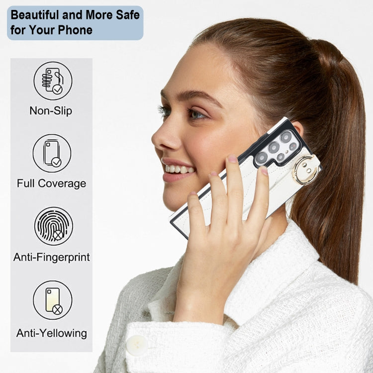 For Samsung Galaxy S22 Ultra Non-slip Full Coverage Ring PU Phone Case with Wristband(White)