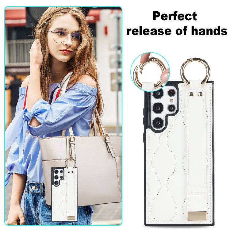 For Samsung Galaxy S22 Ultra Non-slip Full Coverage Ring PU Phone Case with Wristband(White)