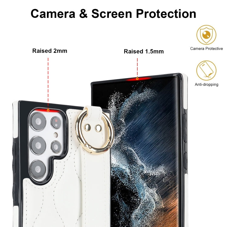 For Samsung Galaxy S22 Ultra Non-slip Full Coverage Ring PU Phone Case with Wristband(White)