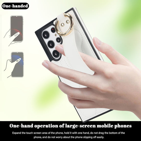 For Samsung Galaxy S22 Ultra Non-slip Full Coverage Ring PU Phone Case with Wristband(White)