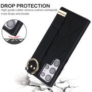 For Samsung Galaxy S23 Ultra Non-slip Full Coverage Ring PU Phone Case with Wristband(Black)