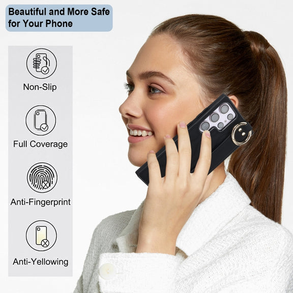 For Samsung Galaxy S23 Ultra Non-slip Full Coverage Ring PU Phone Case with Wristband(Black)
