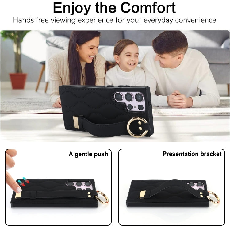 For Samsung Galaxy S23 Ultra Non-slip Full Coverage Ring PU Phone Case with Wristband(Black)