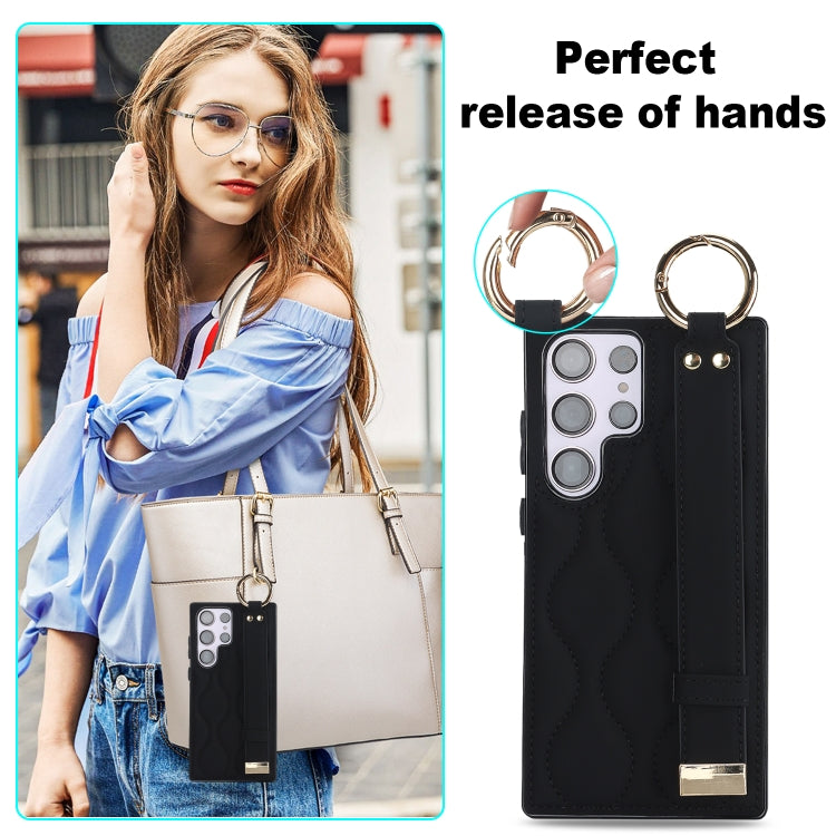 For Samsung Galaxy S23 Ultra Non-slip Full Coverage Ring PU Phone Case with Wristband(Black)