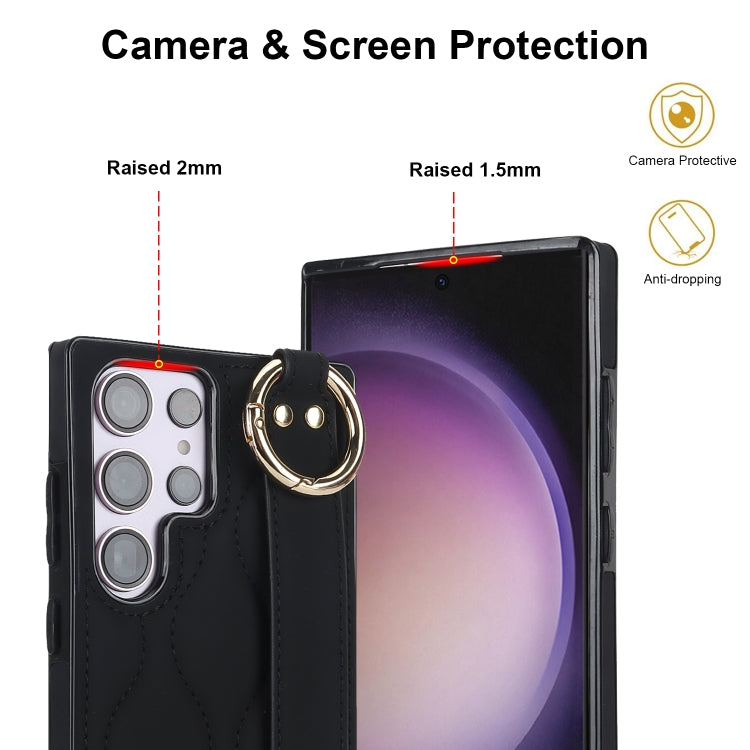 For Samsung Galaxy S23 Ultra Non-slip Full Coverage Ring PU Phone Case with Wristband(Black)