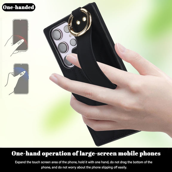 For Samsung Galaxy S23 Ultra Non-slip Full Coverage Ring PU Phone Case with Wristband(Black)