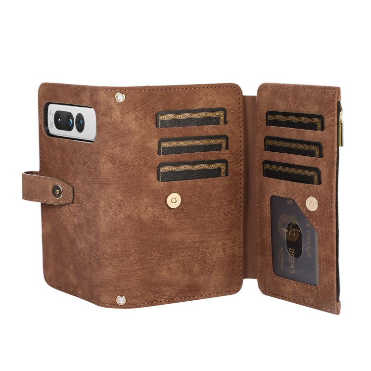 For Google Pixel Fold Dream 9-Card Wallet Zipper Bag Leather Phone Case(Brown)