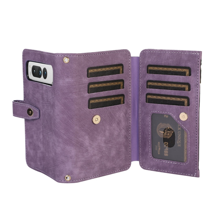 For Google Pixel Fold Dream 9-Card Wallet Zipper Bag Leather Phone Case(Purple)