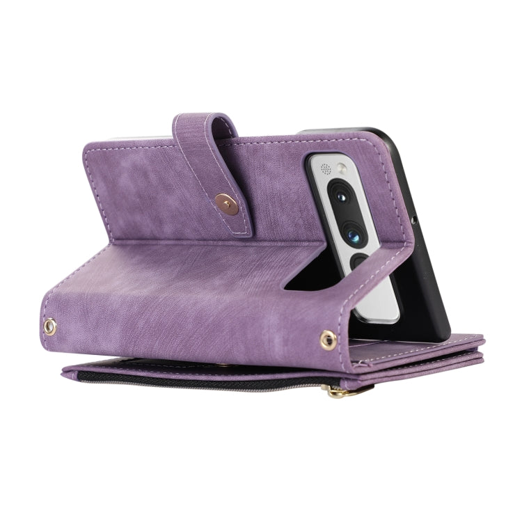 For Google Pixel Fold Dream 9-Card Wallet Zipper Bag Leather Phone Case(Purple)