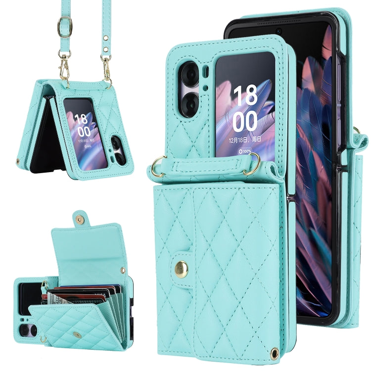 For OPPO Find N2 Flip Rhombic Texture Card Bag PU Phone Case with Long Lanyard(Mint Green)