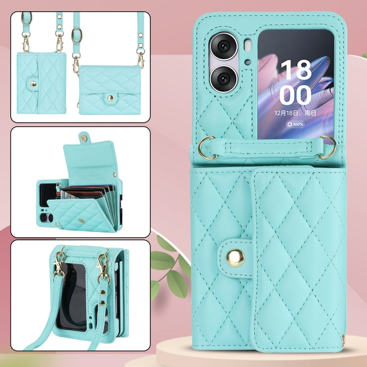 For OPPO Find N2 Flip Rhombic Texture Card Bag PU Phone Case with Long Lanyard(Mint Green)
