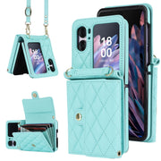 For OPPO Find N2 Flip Rhombic Texture Card Bag PU Phone Case with Long Lanyard(Mint Green)
