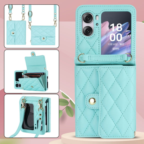 For OPPO Find N2 Flip Rhombic Texture Card Bag PU Phone Case with Long Lanyard(Mint Green)