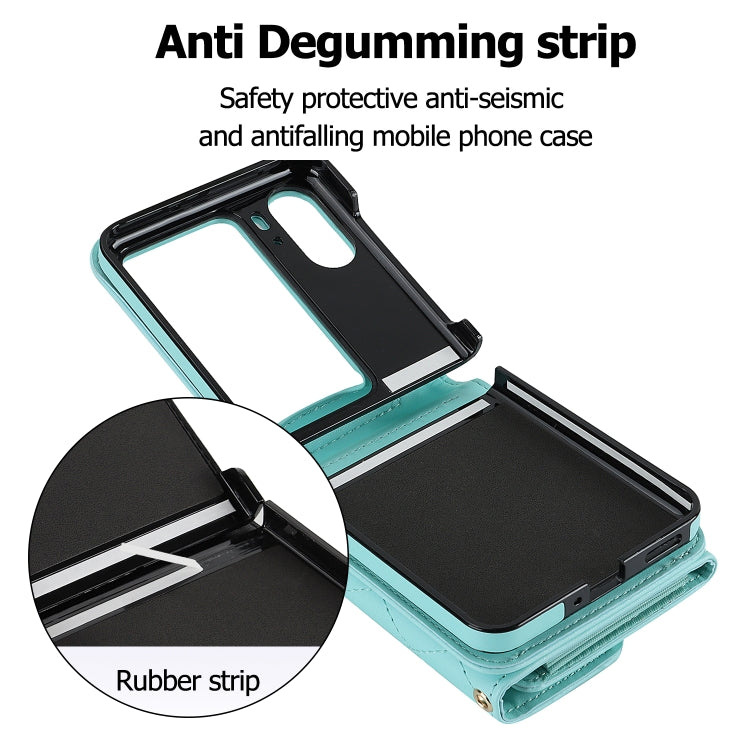 For OPPO Find N2 Flip Rhombic Texture Card Bag PU Phone Case with Long Lanyard(Mint Green)