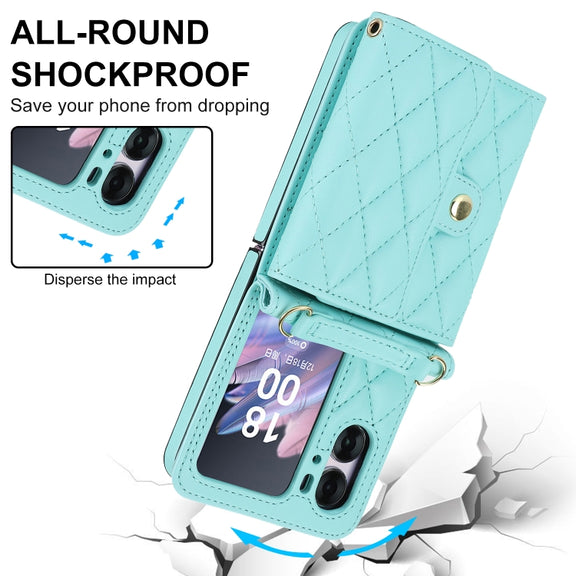 For OPPO Find N2 Flip Rhombic Texture Card Bag PU Phone Case with Long Lanyard(Mint Green)